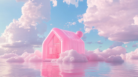 A whimsical pink house floats among fluffy clouds in a serene sky during daylightの素材