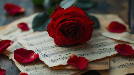 A red rose placed on vintage sheet music with scattered petals in a cozy indoor settingの素材