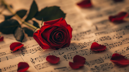 A red rose rests on sheet music surrounded by rose petals, creating a romantic atmosphereの素材