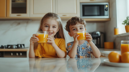 Two children enjoying fresh orange juice together in a bright kitchen setting during the morningの素材