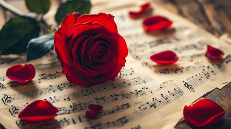 A red rose placed on sheet music with scattered rose petals on a wooden tableの素材