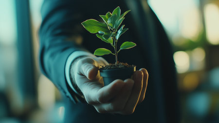 A businessman holds a small potted plant in an office during daylight hours, emphasizing the connection between nature and sustainabilityの素材