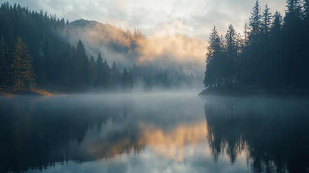 Misty sunrise over a tranquil lake surrounded by evergreen trees in serene natureの素材