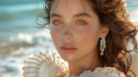 Beautiful Young Woman at the Beach Holding a Seashell During Golden Hourの素材