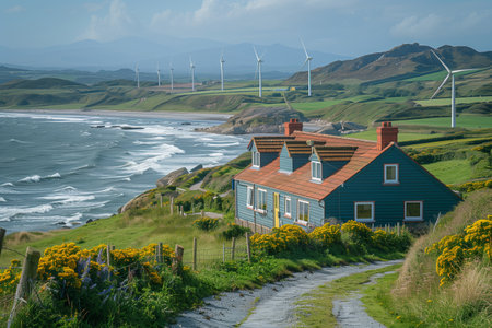 Charming Coastal Cottage Overlooking Turquoise Waters and Wind Turbines on a Sunny Afternoonの素材