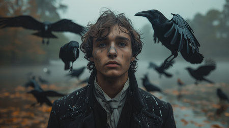 Young Man Surrounded by Crows in a Foggy Autumn Landscape at Duskの素材