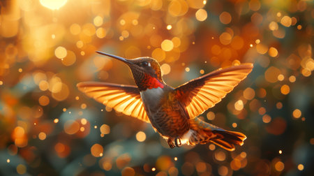 Hummingbird Hovering Gracefully Among Blossoming Flowers During Golden Hourの素材