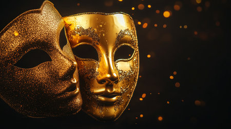 Golden decorative masks with glitter against a dark backgroundの素材