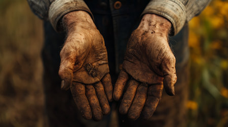Farmer showing dirt-stained hands holding small objects in a field during late afternoonの素材