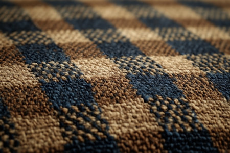 Close-up of a woven fabric with a brown and navy blue checkered pattern on a soft textured surfaceの素材