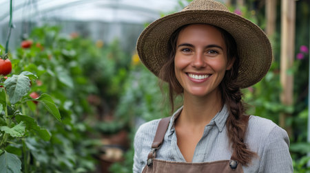 Young woman smiling while tending to plants in a greenhouse during a sunny dayの素材