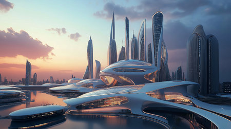 Futuristic city skyline with high-tech architecture at sunset over a serene body of waterの素材