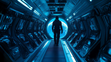 Astronaut walking towards the observation window in a futuristic spacecraft with Earth visible in the backgroundの素材