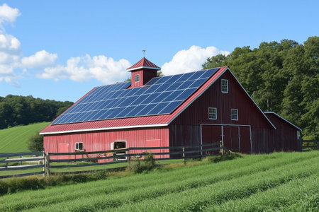 Red barn with solar panels set against a green landscape on a sunny dayの素材