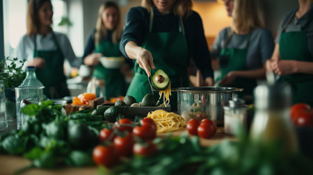 Cooking class participants preparing fresh ingredients including vegetables and pasta in a bright, modern kitchenの素材