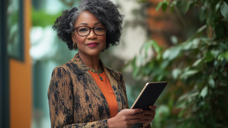Confident woman in glasses holding a tablet outdoors among greenery in an urban setting during daylightの素材