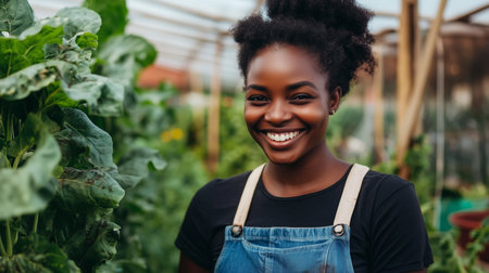 Smiling woman tending to plants in a greenhouse during daylight hoursの素材