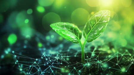 Young plant emerging from soil with glowing green elements and digital network patterns in a vibrant environmentの素材