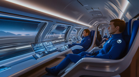 Astronauts observe space from a futuristic spacecraft during a mission in low Earth orbitの素材