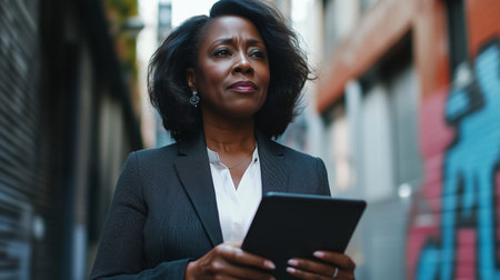 Businesswoman in a suit holds a tablet while standing in an urban alley with colorful street art on a sunny dayの素材