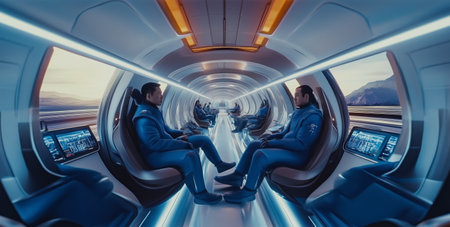 Futuristic transport pod interior with passengers during a journey through a scenic landscape at duskの素材