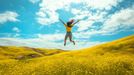 A person jumps joyfully in a vibrant yellow flower field under a bright blue sky with fluffy clouds on a sunny dayの素材