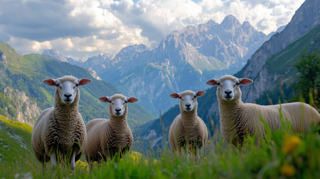 Four sheep grazing in a lush valley surrounded by mountains during a clear dayの素材
