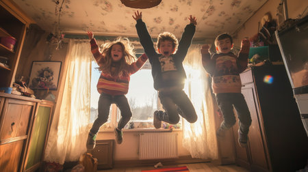 Children joyfully jumping in a sunlit living room during an afternoon playtimeの素材
