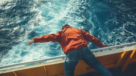 A person leans over the railing of a ferry, enjoying the view of the ocean waves on a sunny dayの素材