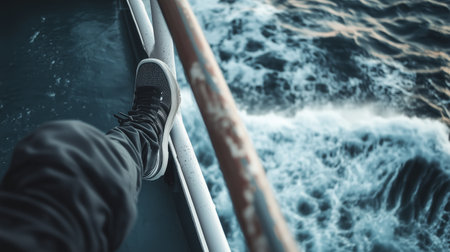 A person relaxes on a boat, with their foot resting on the railing while waves crash against the hull during a sunny dayの素材