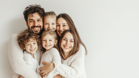 A joyful family of five smiling together in cozy white sweaters against a simple light backgroundの素材