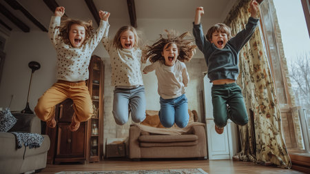 Children jumping joyfully indoors during a playful afternoon in a cozy living room with a warm atmosphereの素材