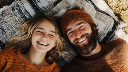 Young couple enjoying a sunny day outdoors, lying on a blanket and laughing together in a green parkの素材