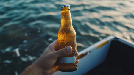 A person holds a cold bottle of beer while relaxing on a boat near the water during sunsetの素材