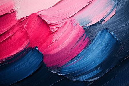 Colorful abstract painting with bold brush strokes in shades of pink, blue, and navy, created on a canvasの素材