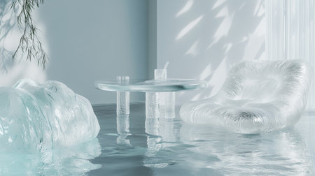 Modern transparent furniture set in a serene water-filled room with soft light reflections during the afternoonの素材