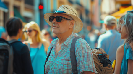 Elderly man wearing a straw hat and sunglasses walking through a busy market on a sunny dayの素材