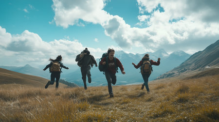 Group of friends running joyfully across a grassy meadow in the mountains on a sunny dayの素材