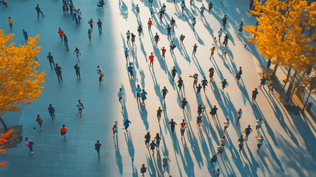 Busy autumn afternoon in the city park with people walking among yellow trees and long shadowsの素材