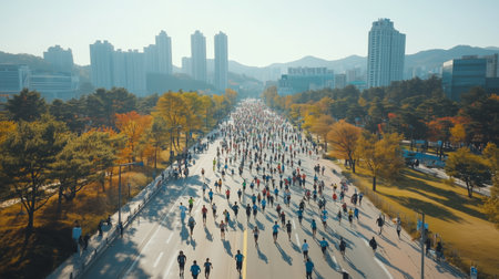 Thousands of runners take part in a marathon in a city park during autumn with skyscrapers in the backgroundの素材