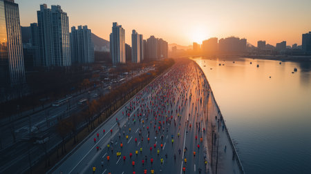 Participants run along a riverside path during a sunrise marathon in the city, with buildings lining the waterâs edgeの素材