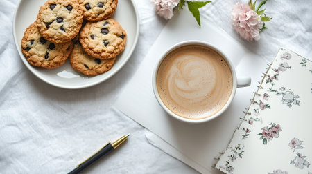 Cozy morning setup with a cup of coffee, chocolate chip cookies, and a floral notebook on a light backgroundの素材