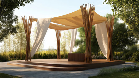 Outdoor wooden structure with fabric drapes surrounded by greenery in a serene environmentの素材