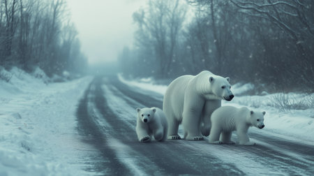 Polar bear family walking along a snowy road in a remote Arctic landscape during winterの素材