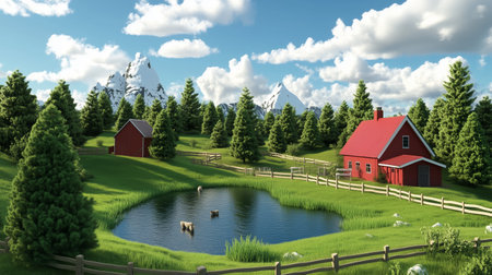 A serene rural landscape with a red cottage by a pond surrounded by trees and mountains on a sunny dayの素材