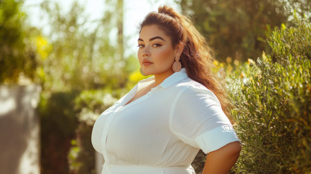 Woman poses confidently in a garden during golden hour, wearing a white outfit and statement earringsの素材