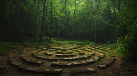A serene stone labyrinth nestled in a lush green forest during the early morningの素材
