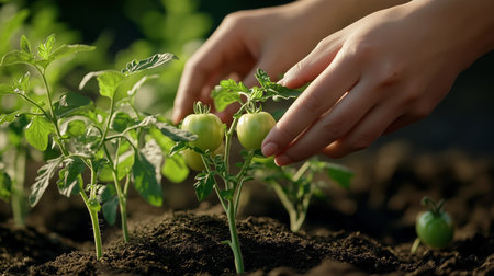 Gardener tending to young tomato plants in a sunlit garden during early summerの素材