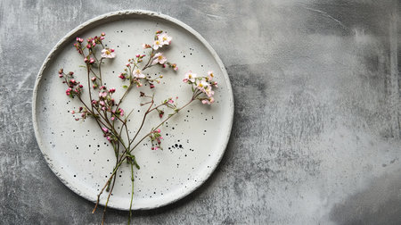 Delicate flowers arranged on a minimalist ceramic plate against a textured gray surfaceの素材
