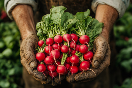 Farmer holds freshly harvested radishes in a lush garden during the afternoonの素材